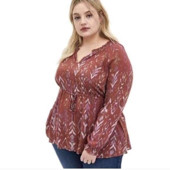 Torrid  long sleeve brick red ikat  Peasant Blouse Size 1x - Picture 1 of 12